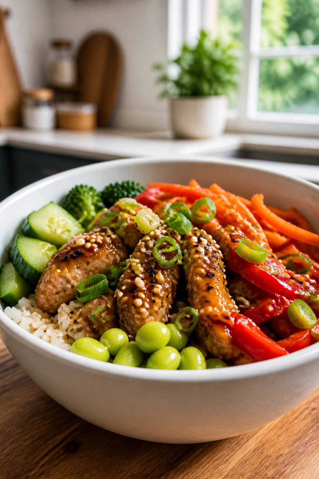 Close-up of a vibrant rice bowl with colorful toppings on a wooden kitchen counter