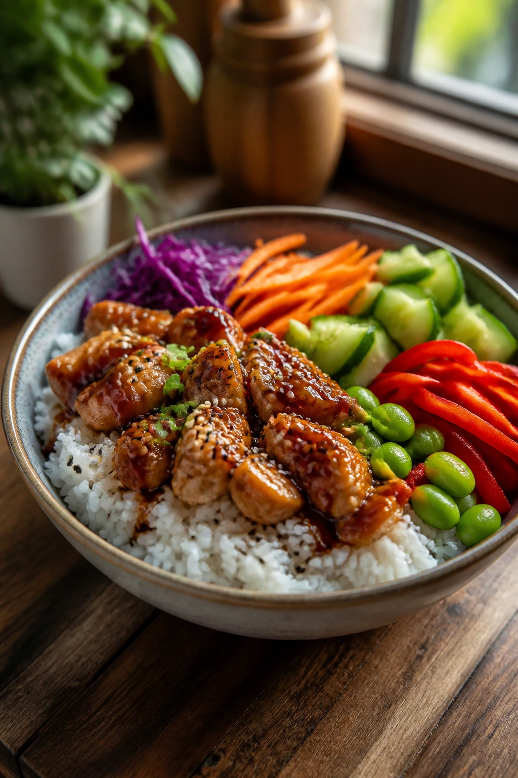 Close-up of a layered rice bowl with off-center protein and colorful vegetables on a wooden table