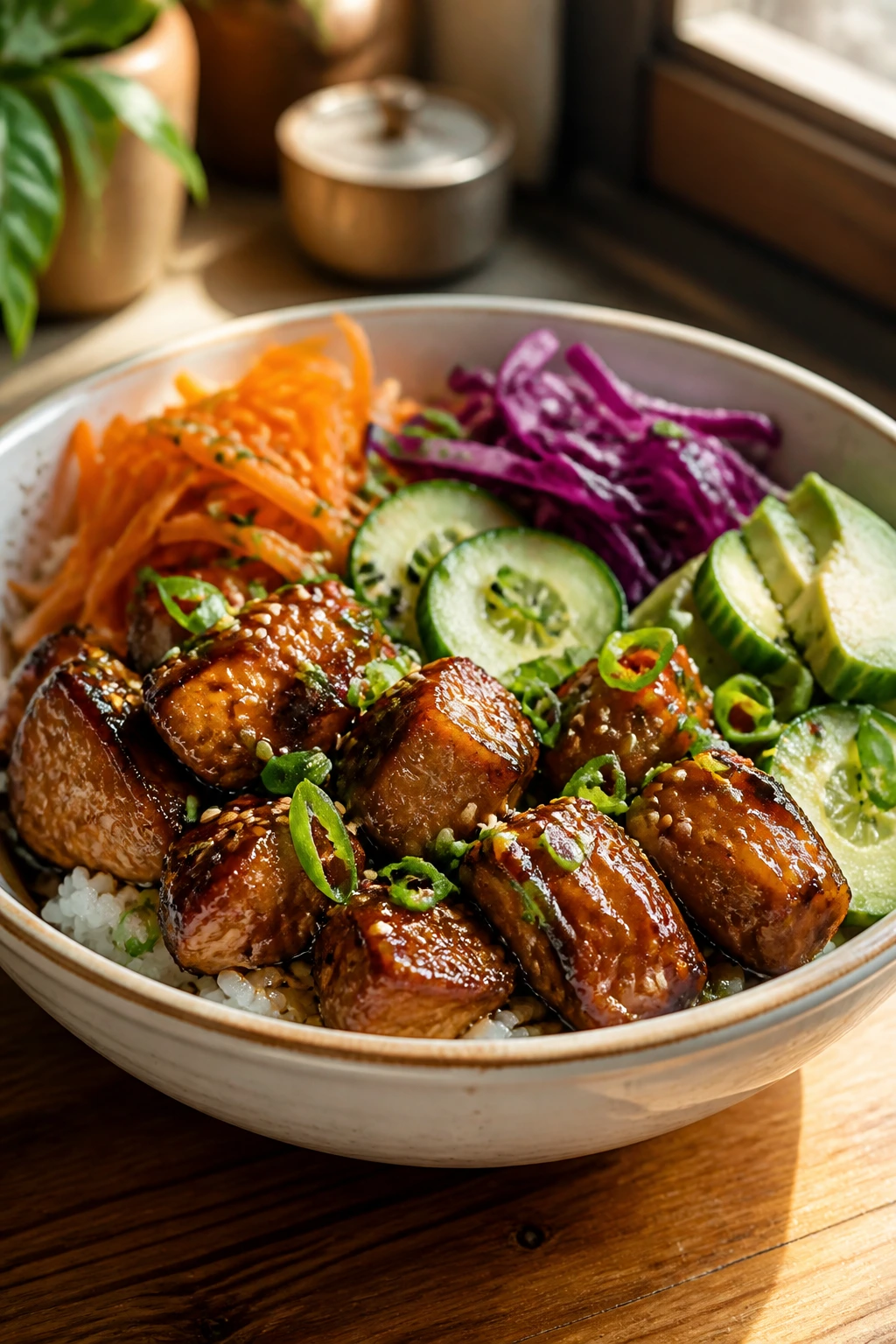Close-up of a glossy rice bowl with vibrant toppings in a warm kitchen setting