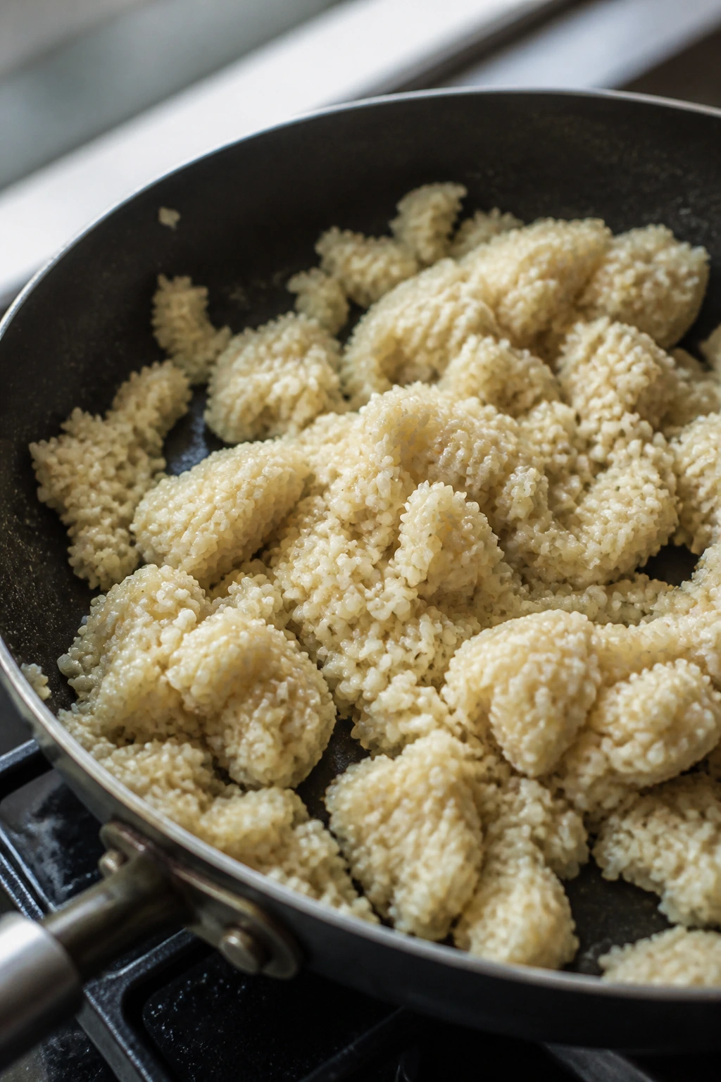 Close-up of gummy rice in a skillet highlighting common cooking mistakes