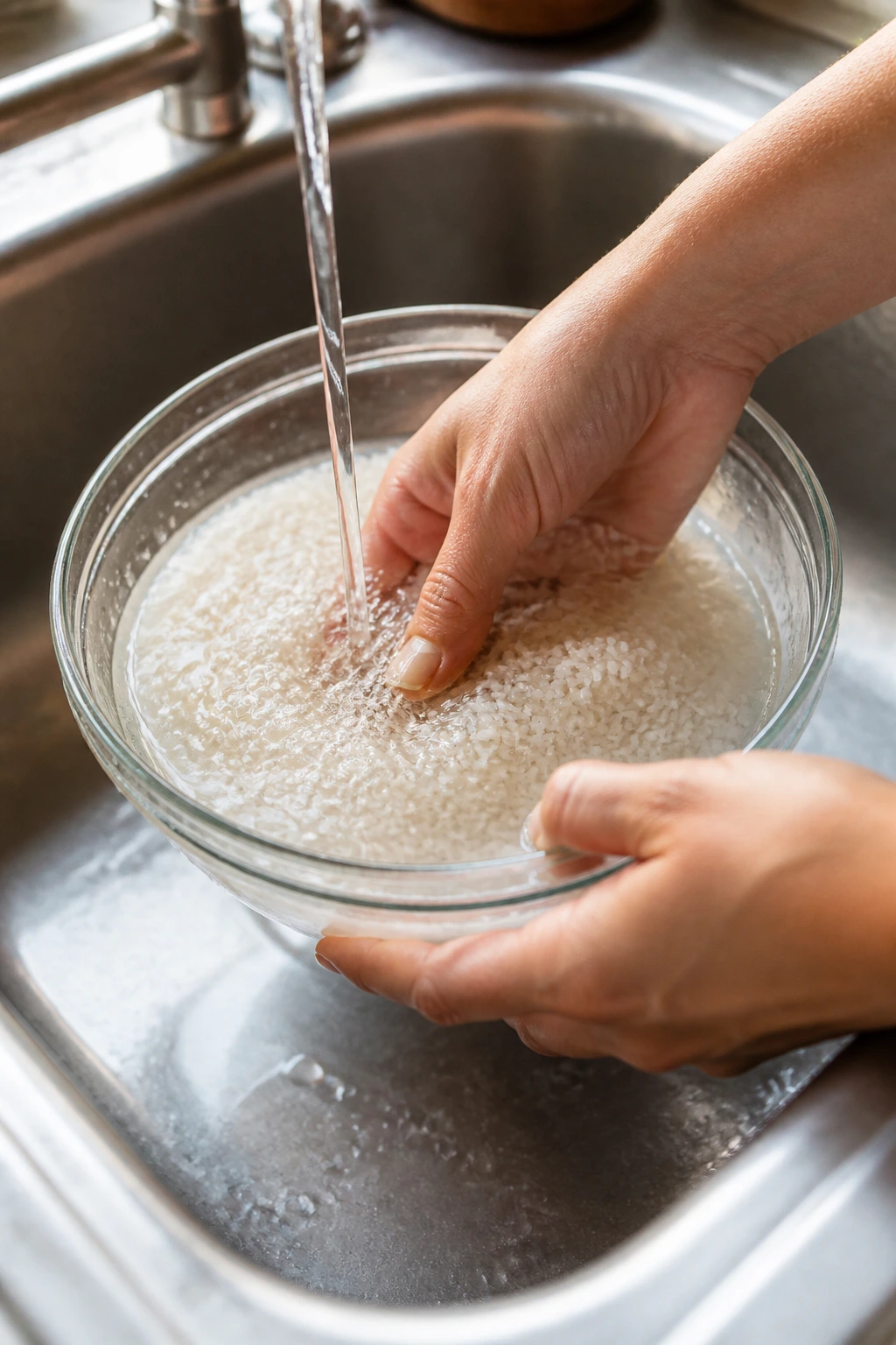 Hands rinsing white rice in a bowl under running water