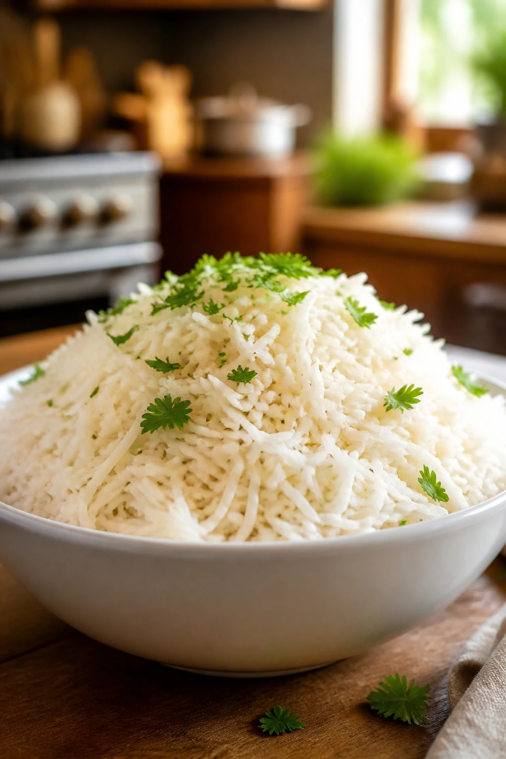 Fluffy basmati rice in a white bowl