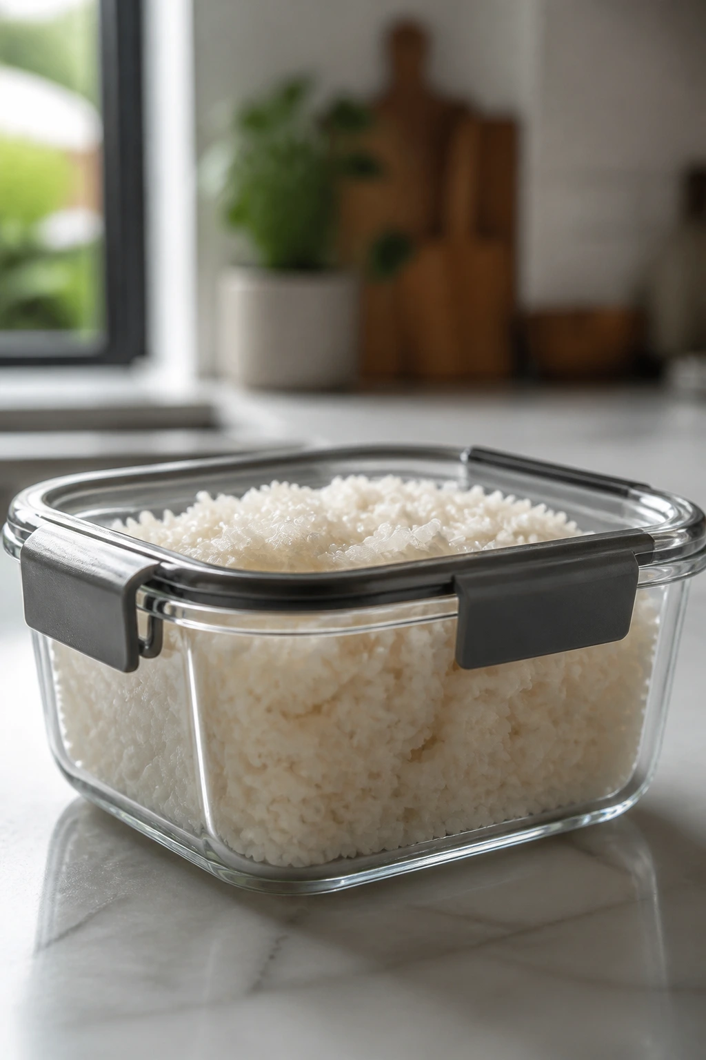 Clear glass storage container with cooked rice on a kitchen counter