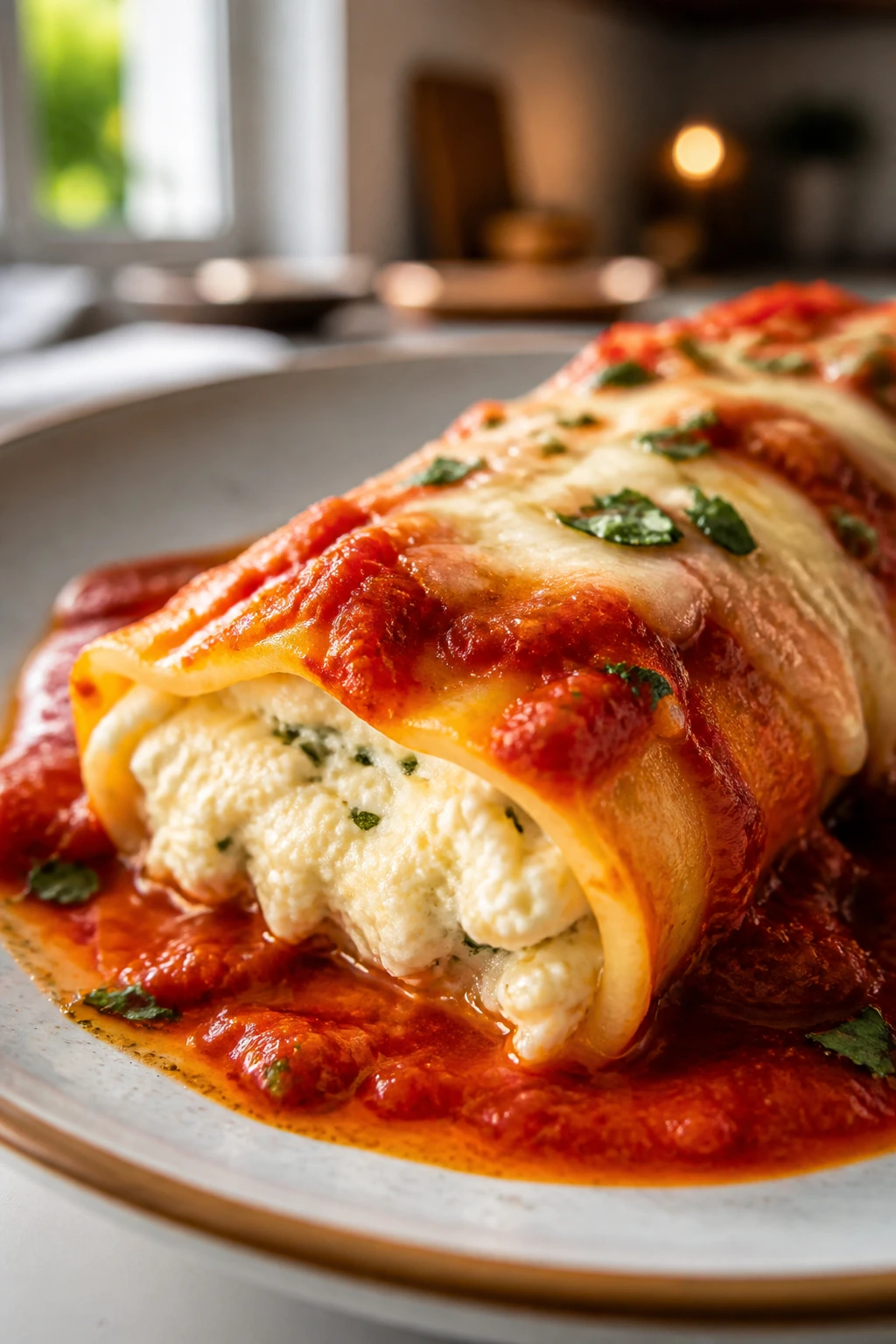 Close-up of ricotta-filled manicotti with marinara on a plate