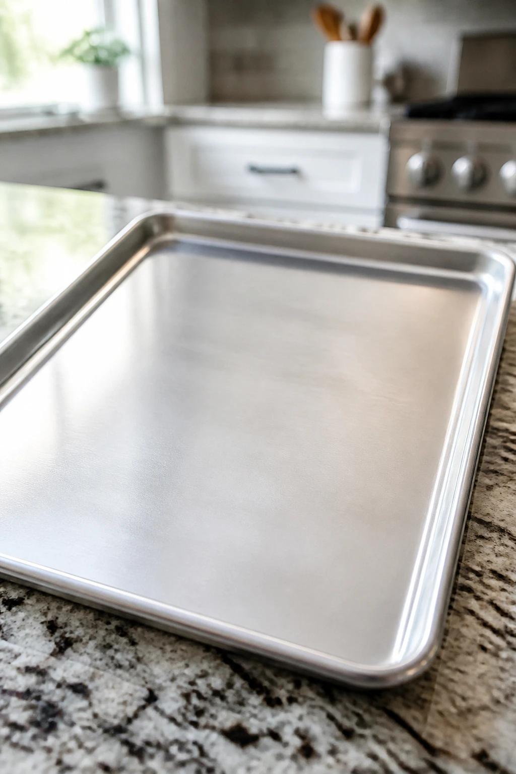 Large rimmed baking sheet on a kitchen counter.