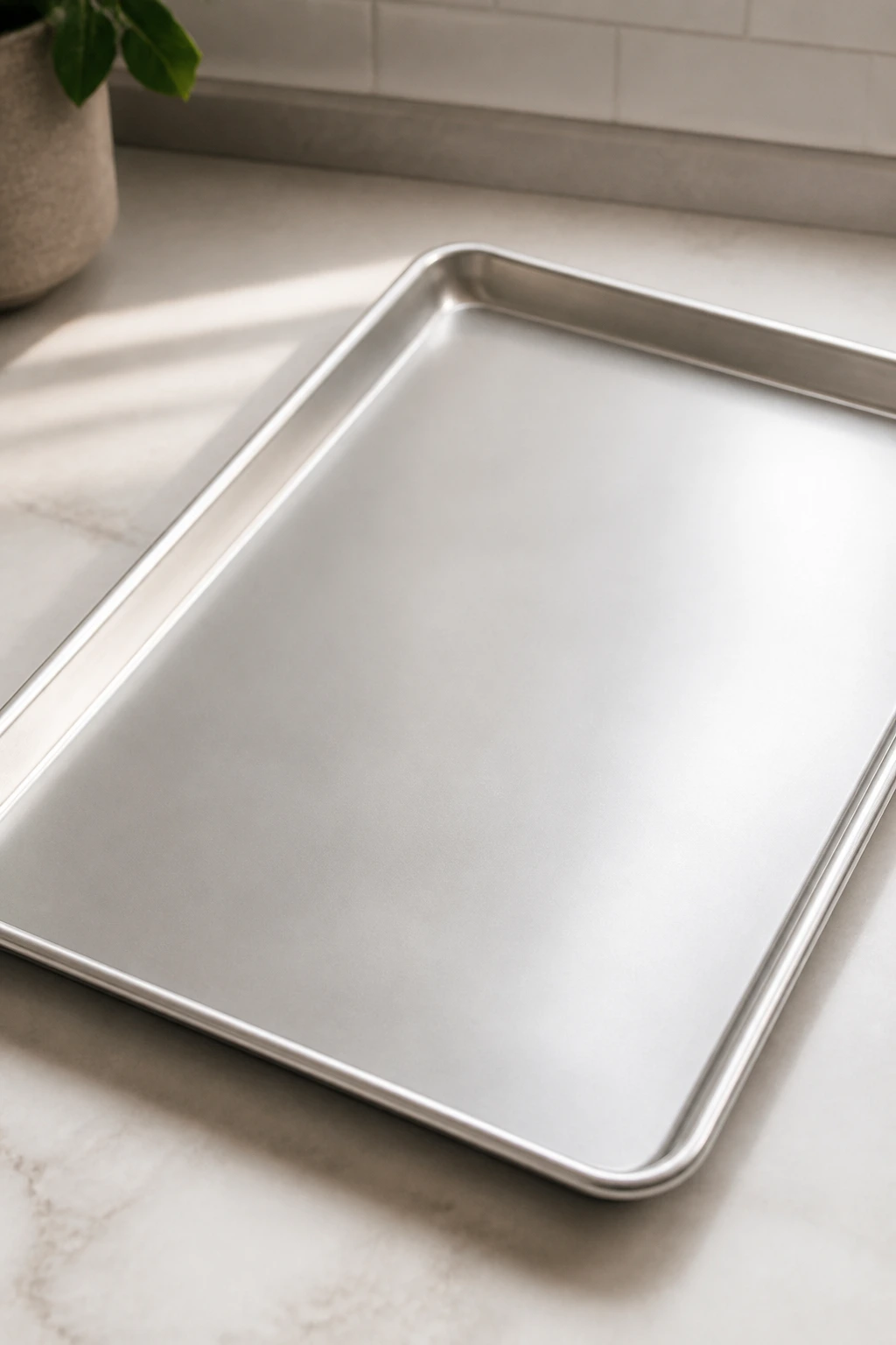 Close-up of a rimmed half-sheet pan on a kitchen counter
