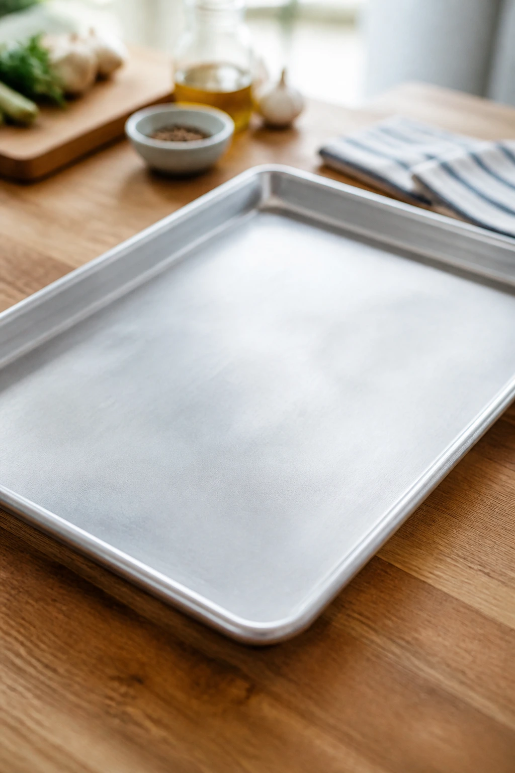 Close-up of a rimmed half-sheet pan on a kitchen counter