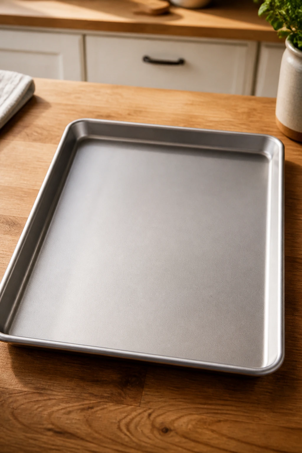 Close-up of a rimmed half-sheet pan on a kitchen counter, illustrating essential equipment for sheet-pan dinners
