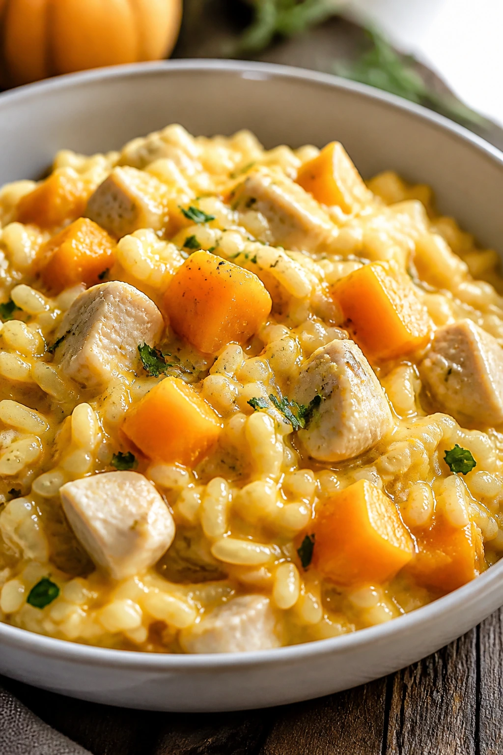 Creamy butternut squash risotto with chicken in bowl