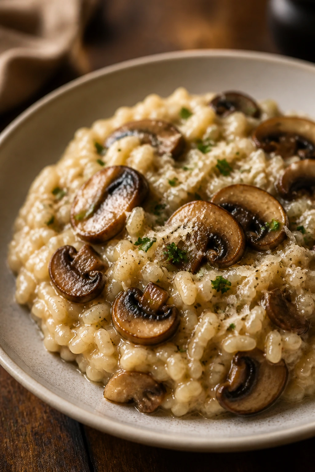 Creamy mushroom risotto in a bowl with browned mushrooms