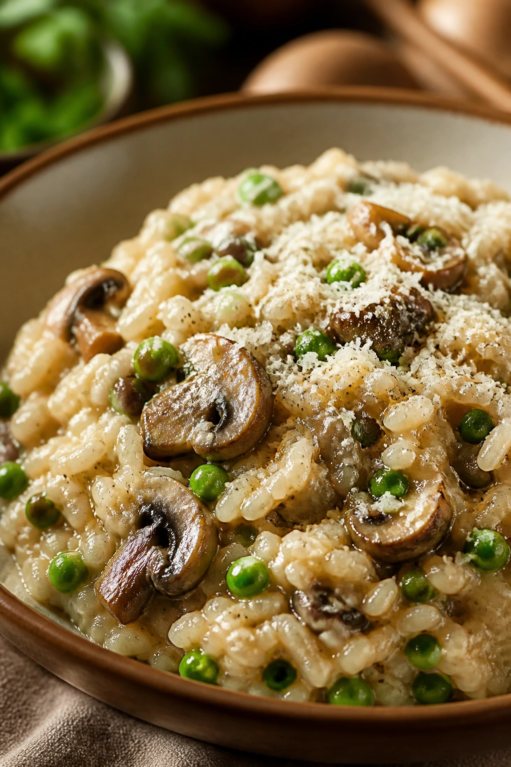 Creamy mushroom risotto with peas and Parmesan.