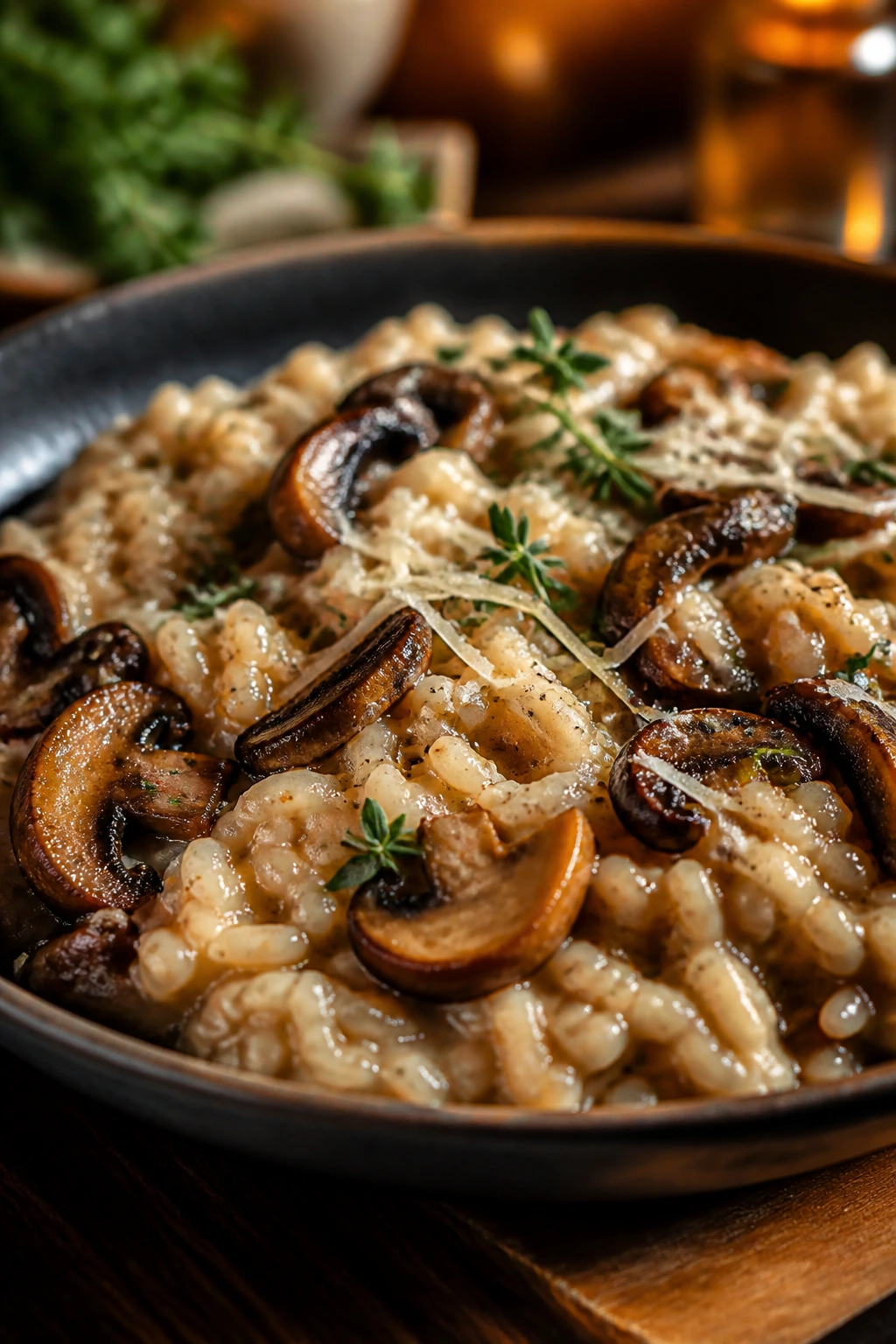 Creamy wild mushroom risotto with parmesan and thyme on a plate