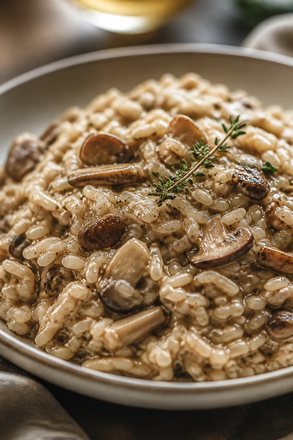 Creamy mushroom risotto with thyme in a cozy kitchen