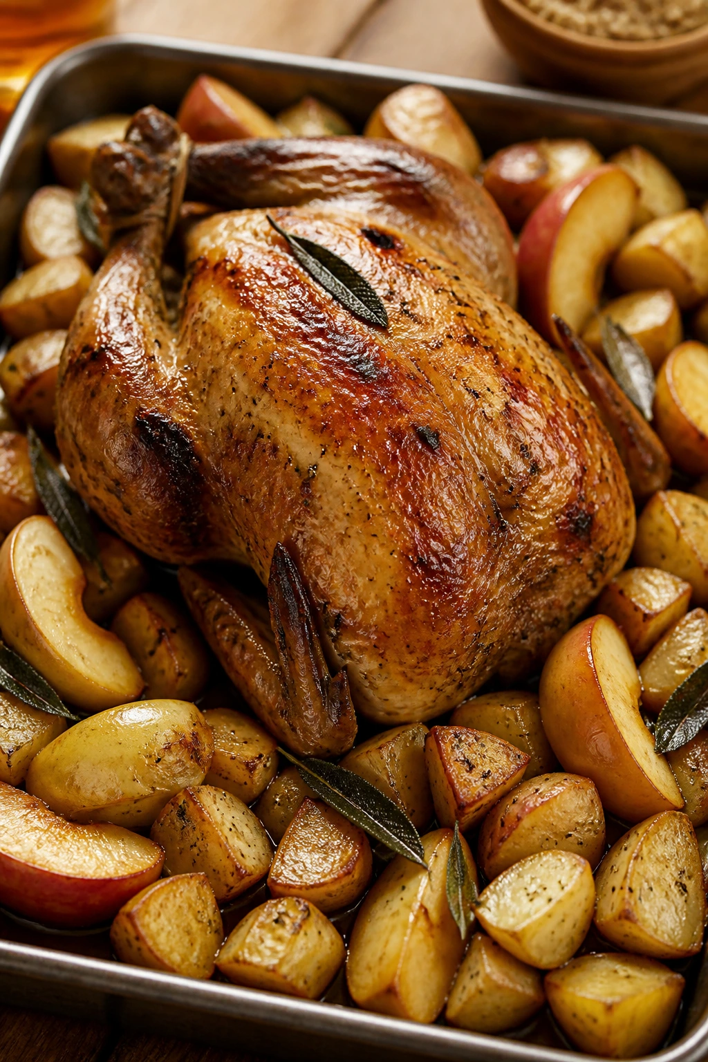Close-up of roast chicken with crispy potatoes and apples