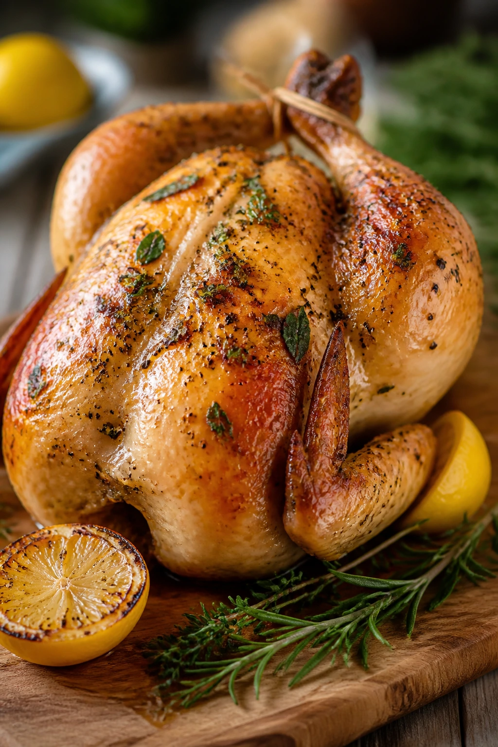 Golden lemon-herb roast chicken ready to carve