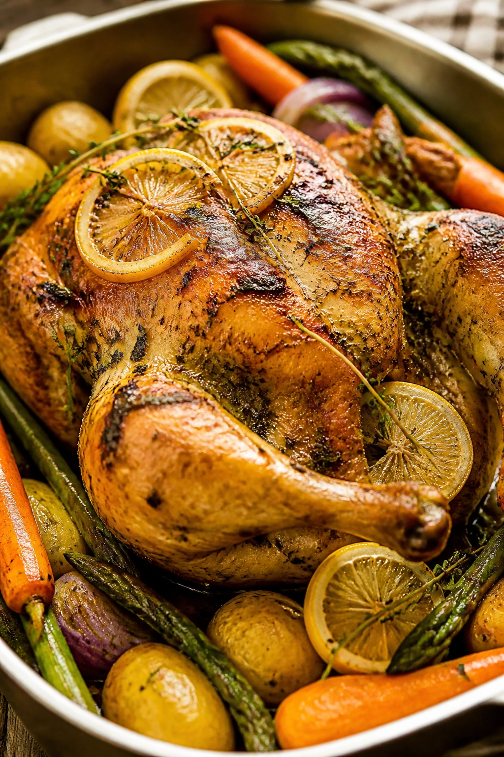 Close-up of lemon-herb roast chicken with spring vegetables in a roasting pan.