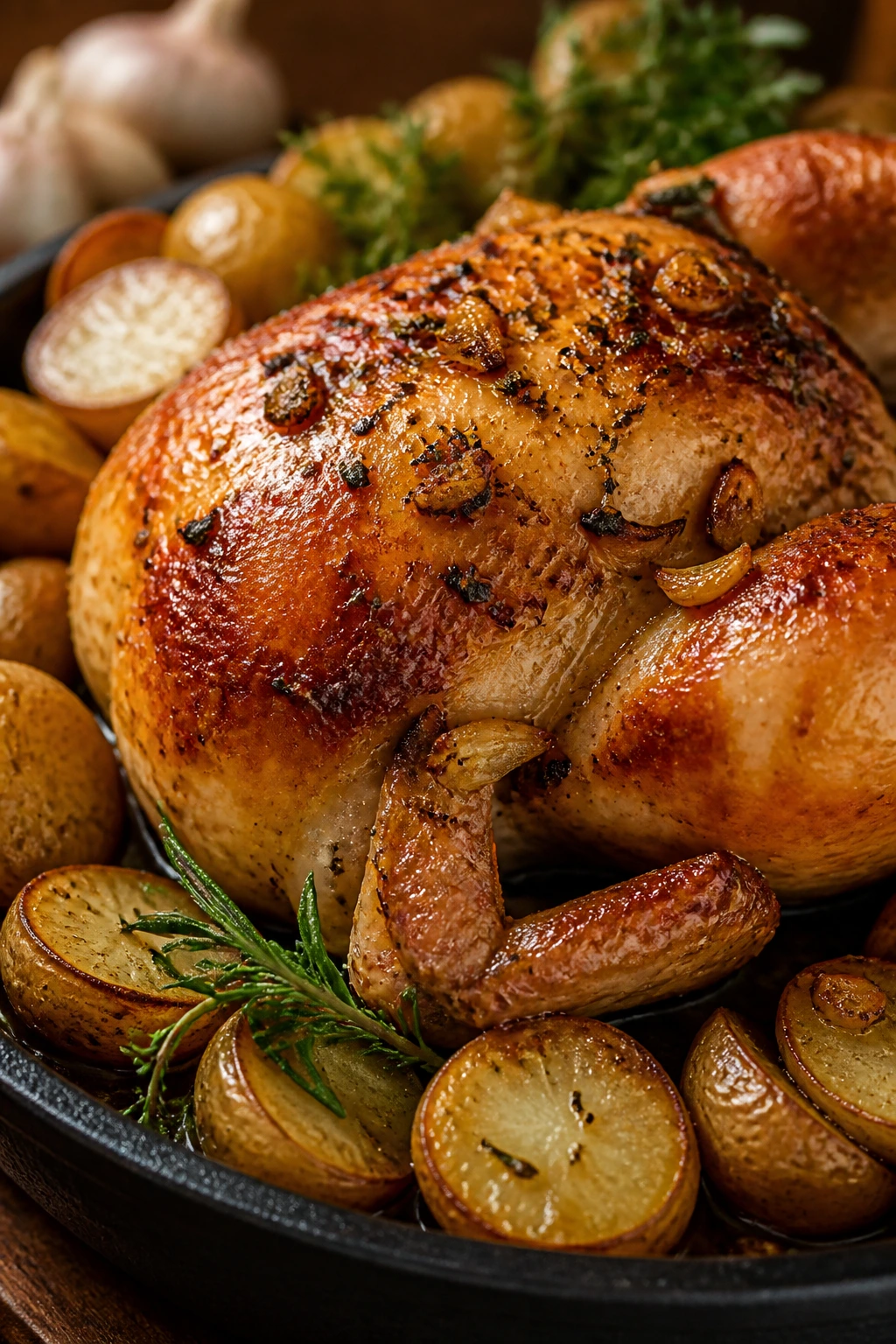 Roast chicken with crispy skin and potatoes in a warm kitchen