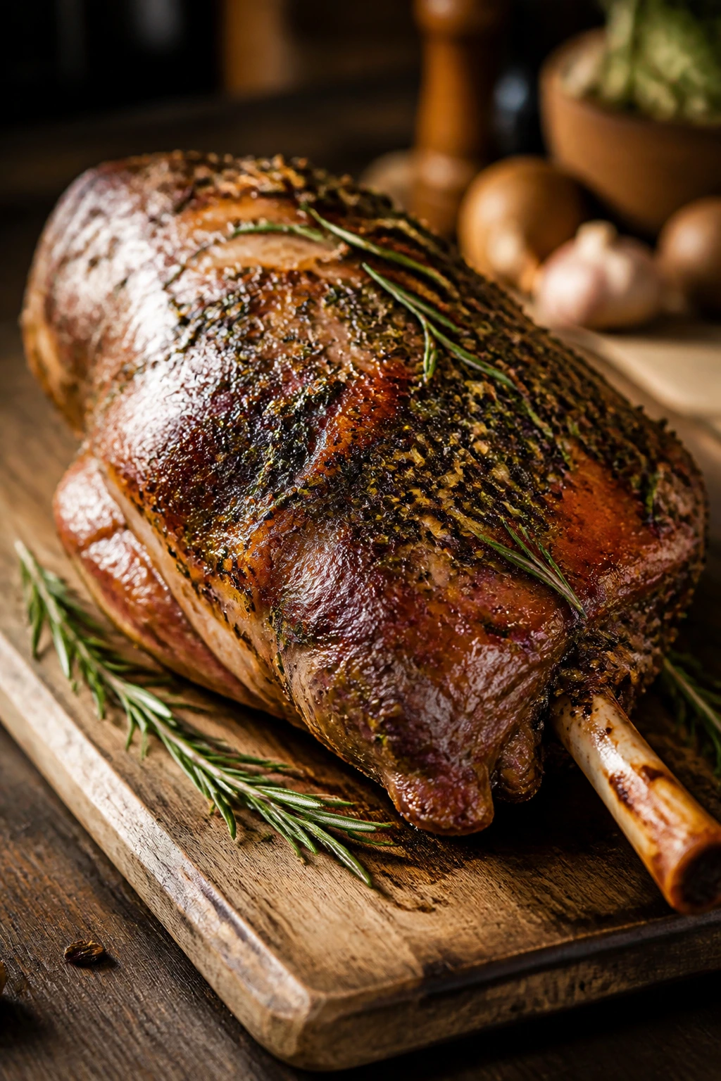 Herb-crusted roast leg of lamb on cutting board