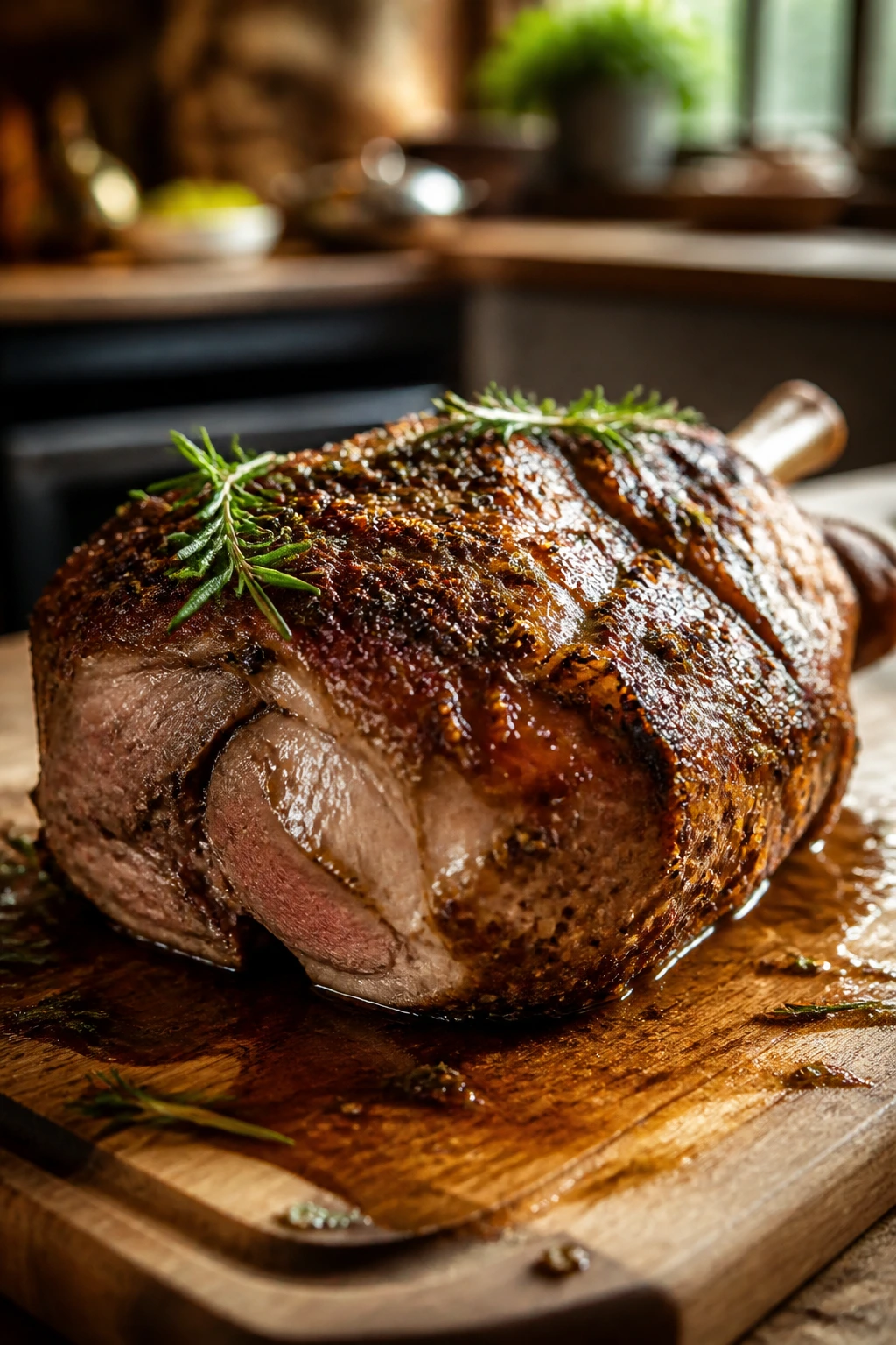 Close-up of a juicy roast resting on a cutting board in a cozy kitchen