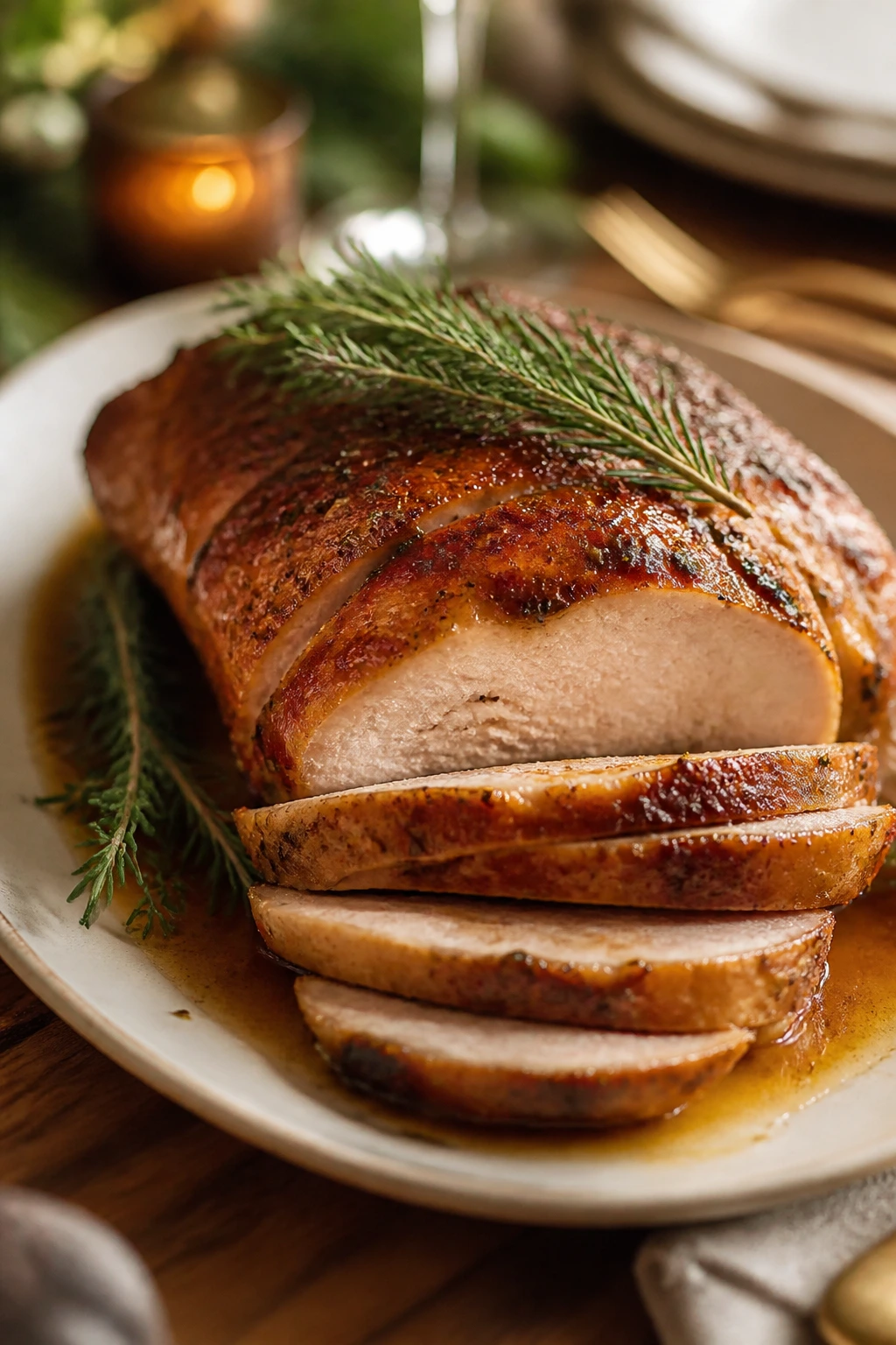 Roasted main on serving platter with sauce and herbs