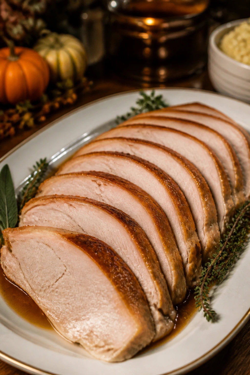 Roasted turkey slices on warmed platter with sauce around edges