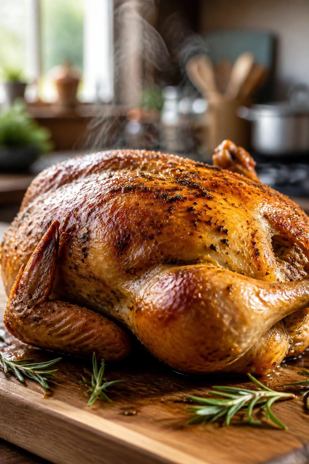 Close-up of a roasted rotisserie chicken on a cutting board in a cozy kitchen.
