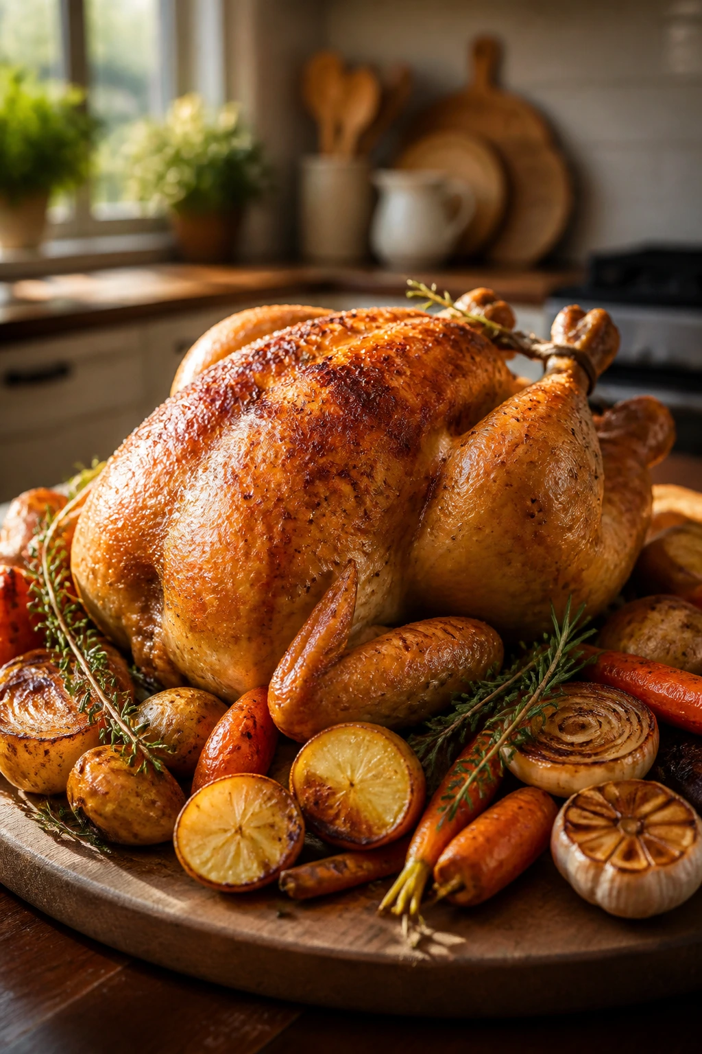 Roasted chicken on a wooden board surrounded by vegetables