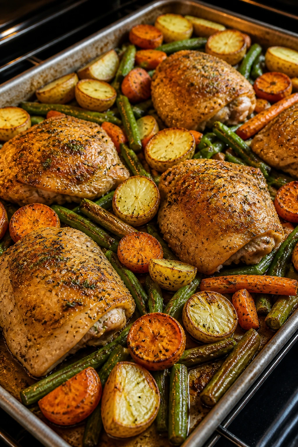 Roasted chicken thighs with potatoes, carrots, and green beans on a sheet pan