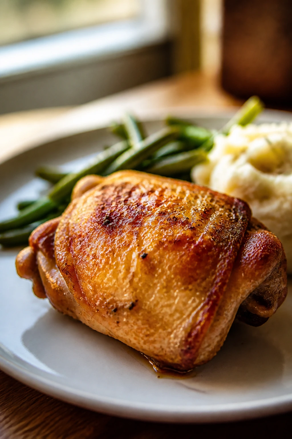 Roasted chicken thigh on a simple plate in a cozy home dining setting
