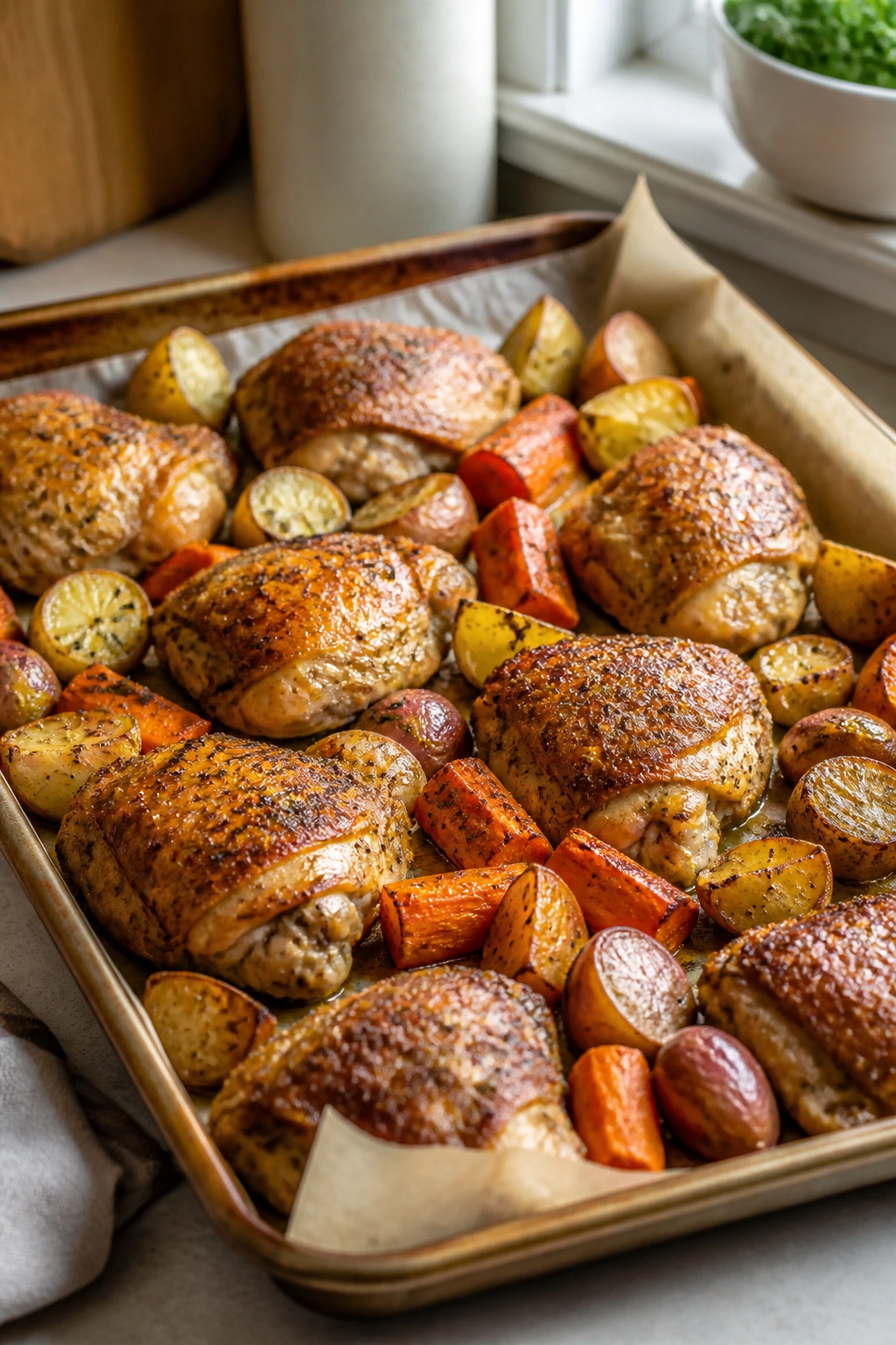 Close-up of sheet pan with roasted chicken thighs and vegetables in a kitchen