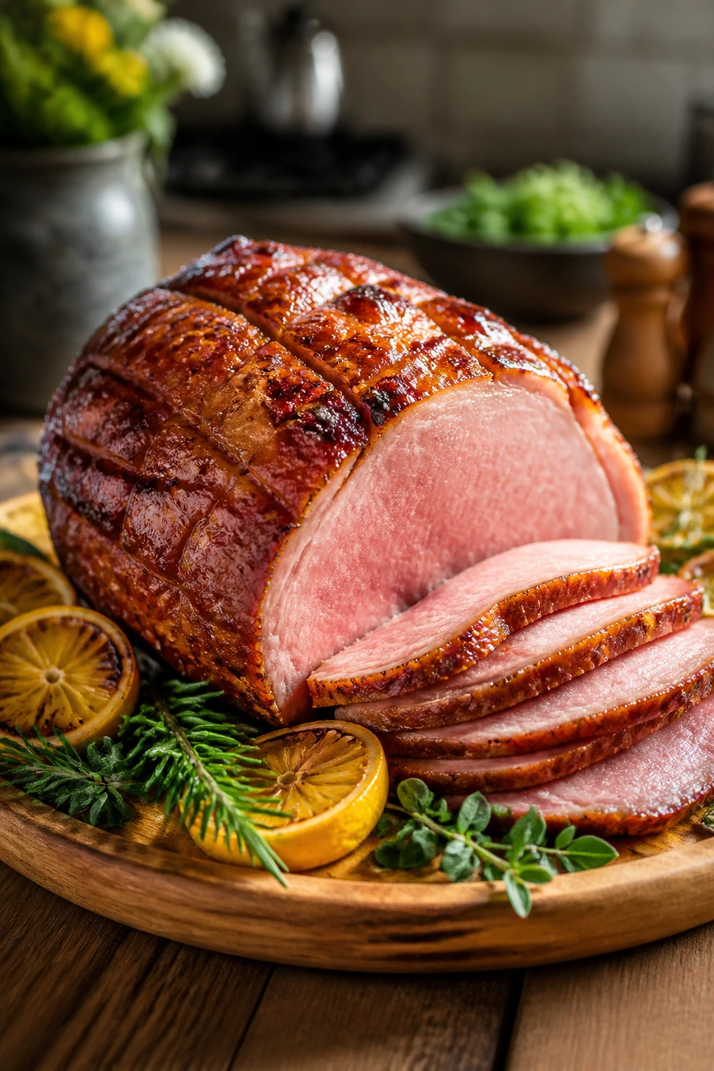 Close-up of a large roasted ham on a warm platter with herbs and lemon, ready to carve