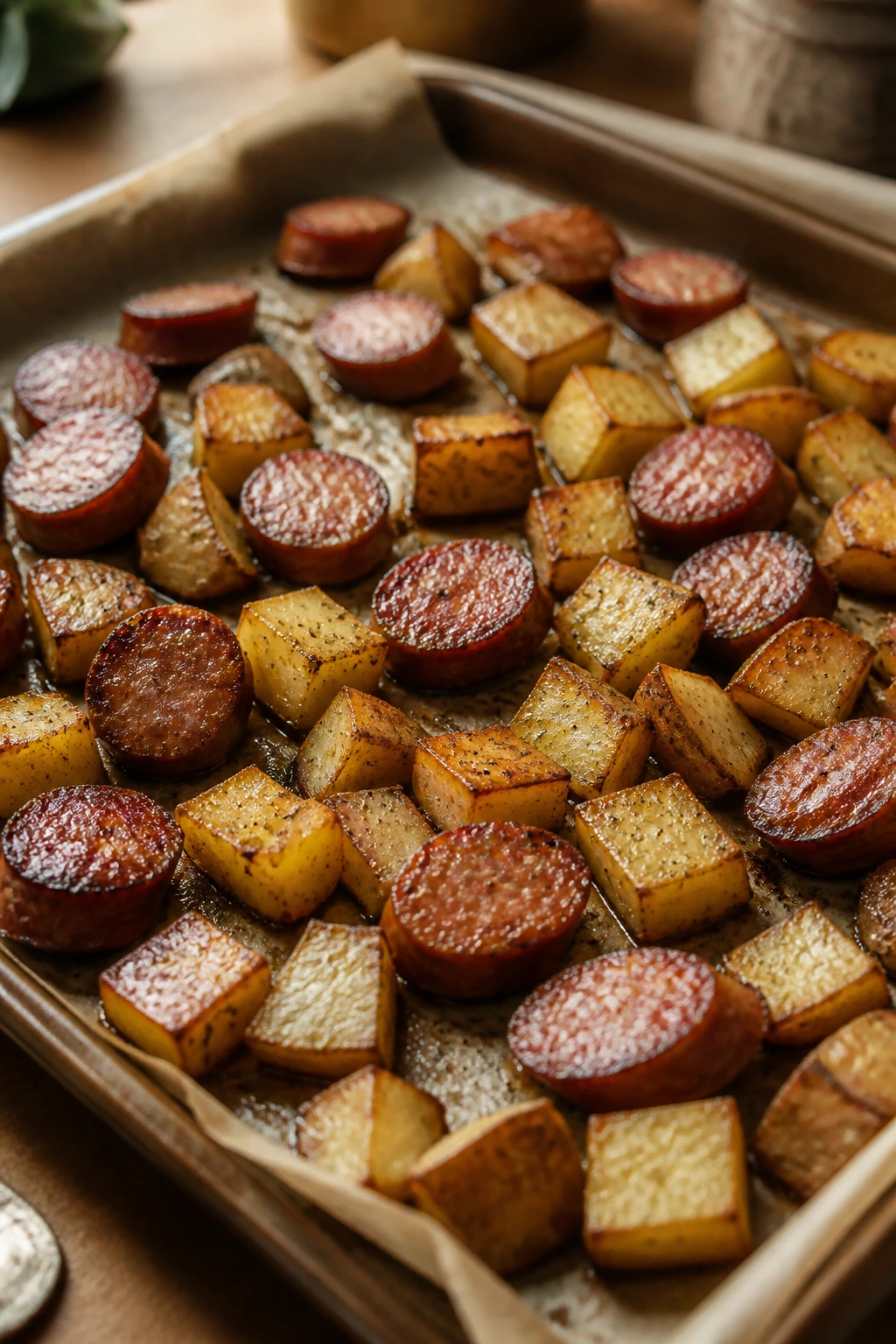 Roasted sausage and potatoes showing proper spacing and browning