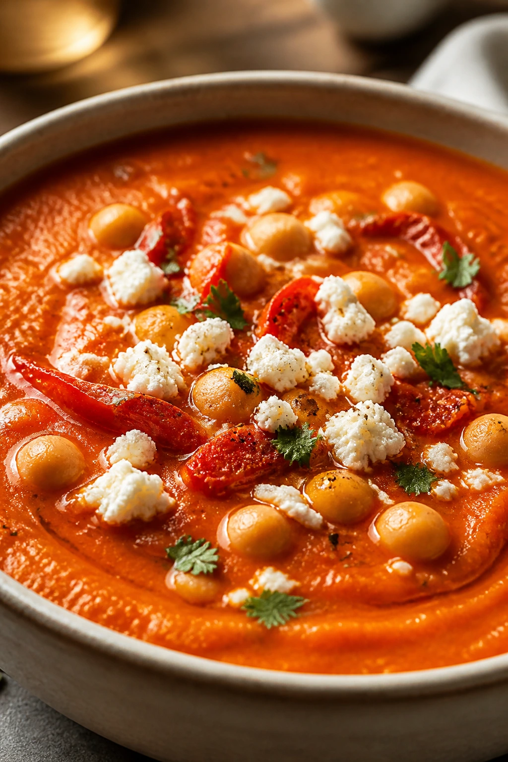 Close-up of vibrant roasted pepper soup with chickpeas and feta