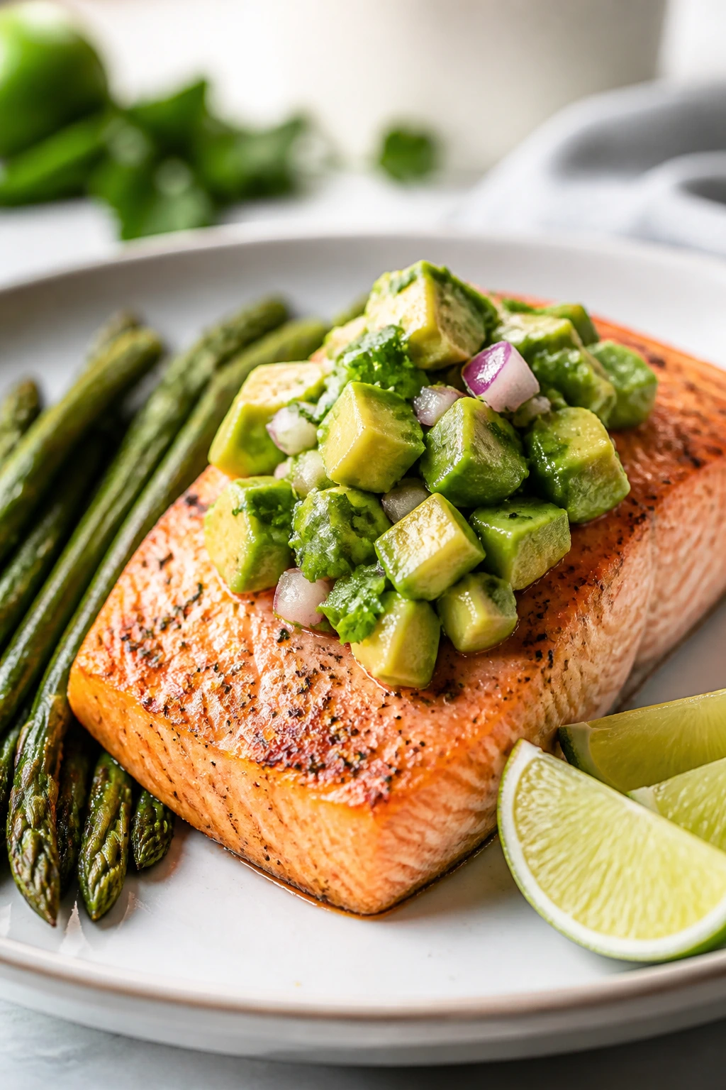 Salmon with asparagus and avocado salsa on plate