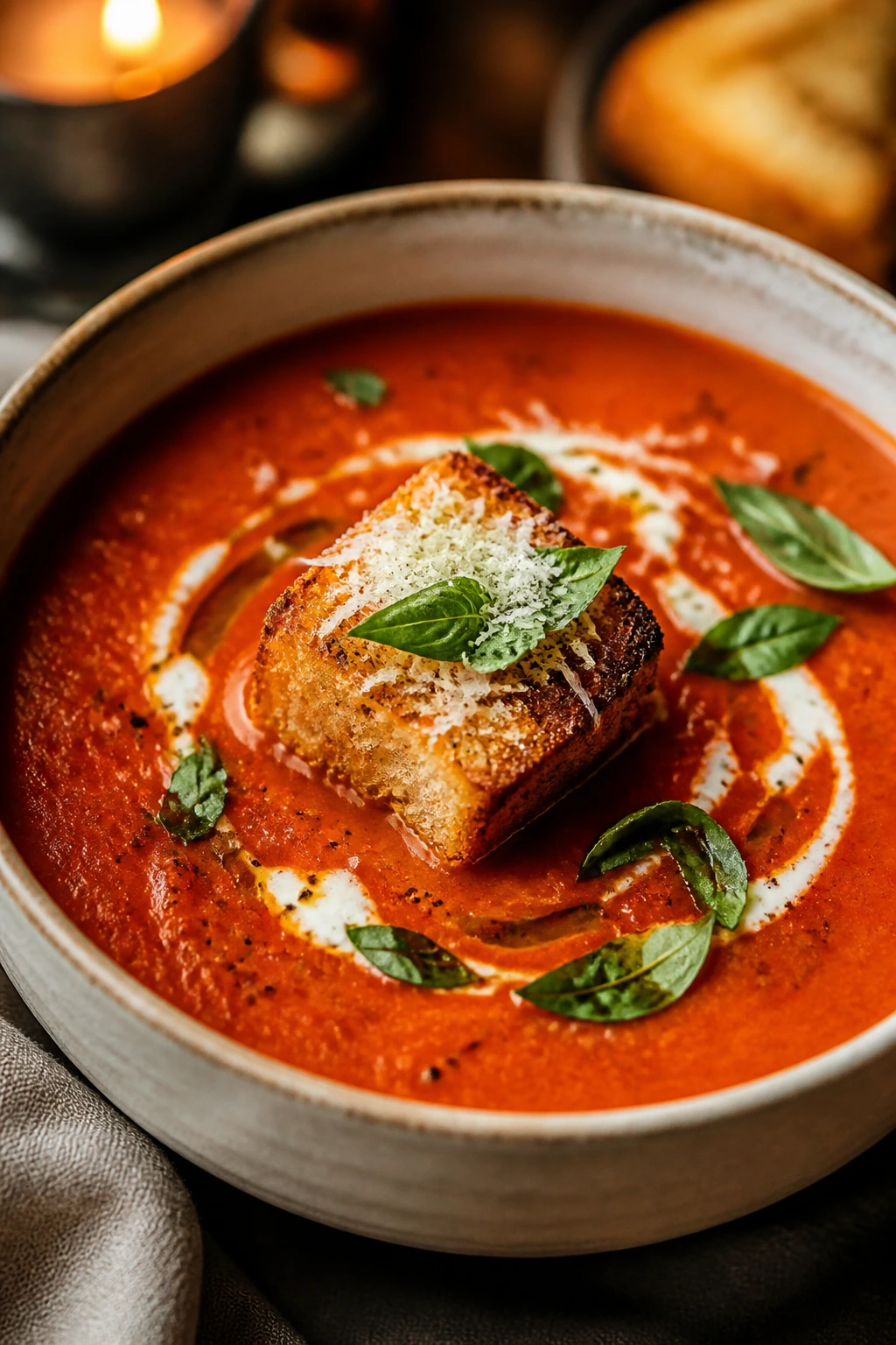 Bright roasted tomato basil soup with parmesan croutons in a bowl