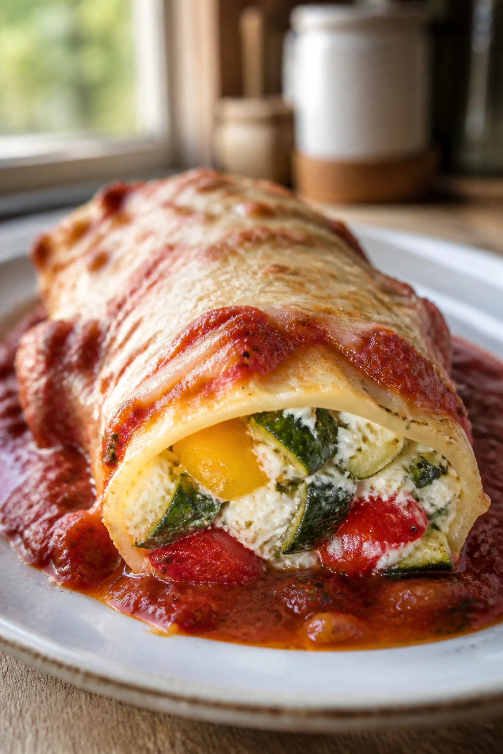 Close-up of Roasted Vegetable and Ricotta Manicotti with roasted veggies