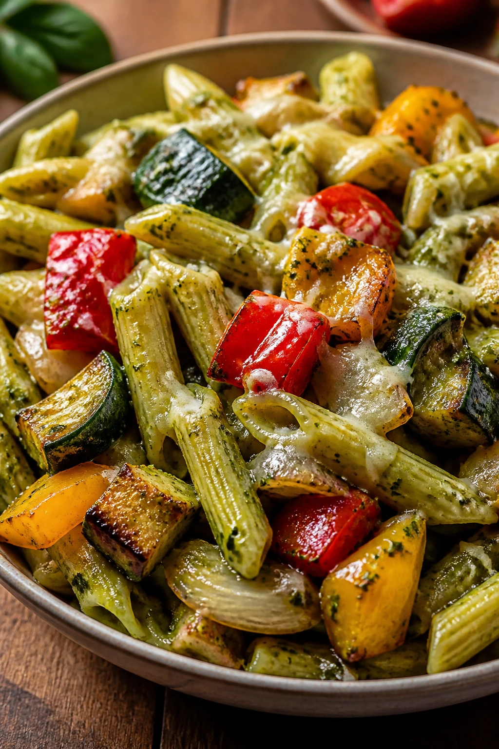 Close-up of penne with roasted vegetables and pesto in a bowl