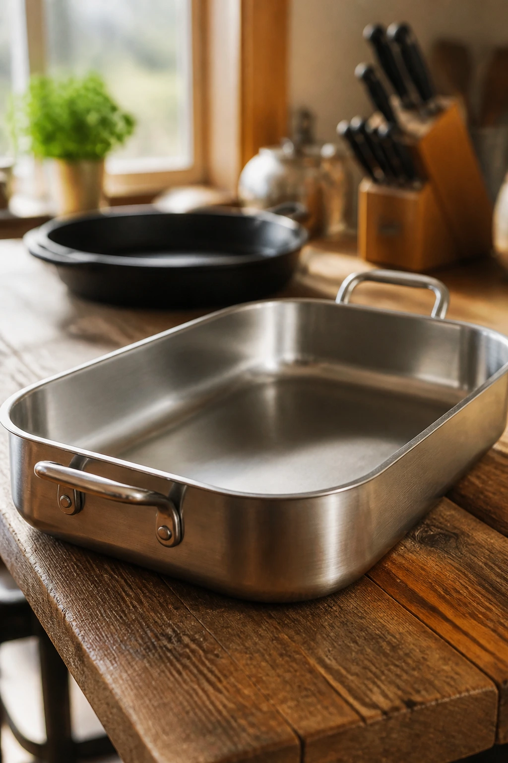 Close-up of a large roasting pan on a wooden kitchen counter