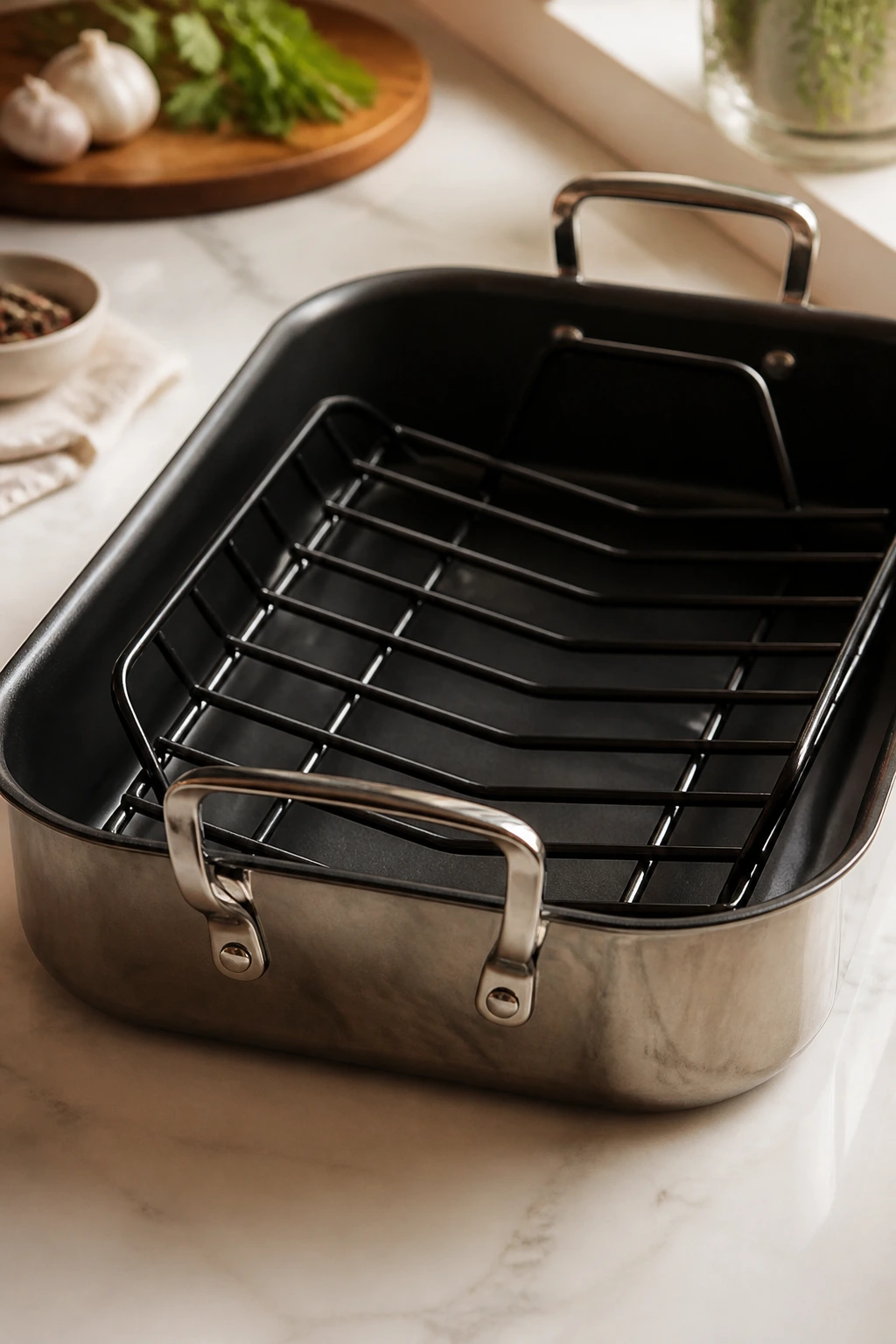 Close-up of a roasting pan with rack on a kitchen counter