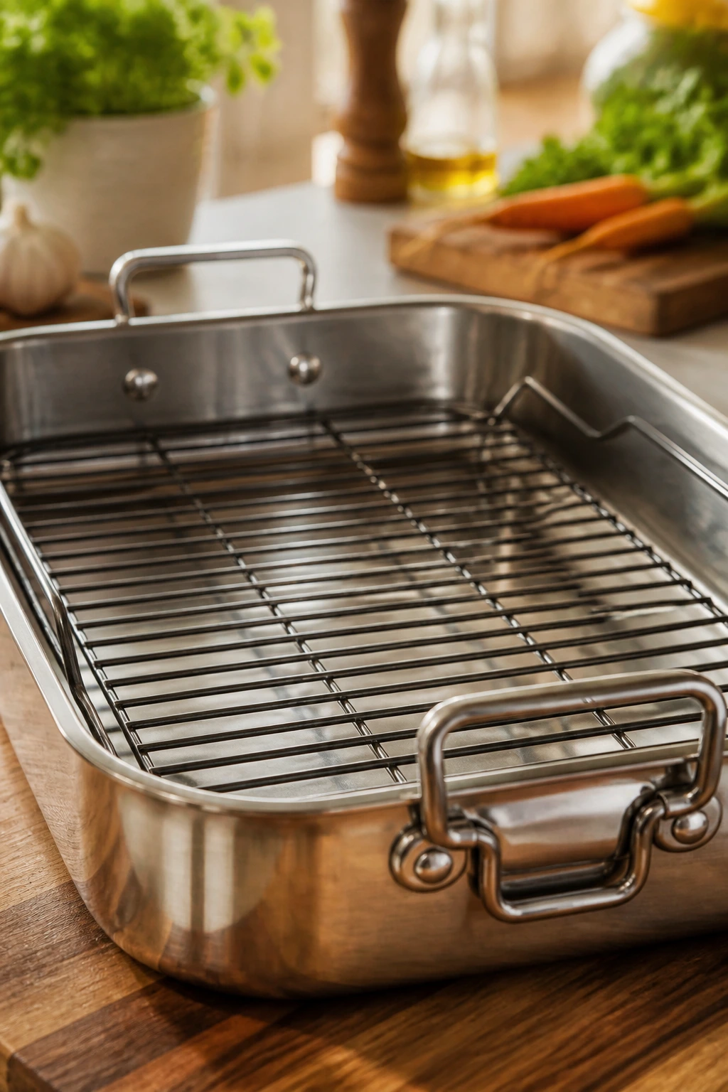 Large roasting pan with rack on a kitchen counter