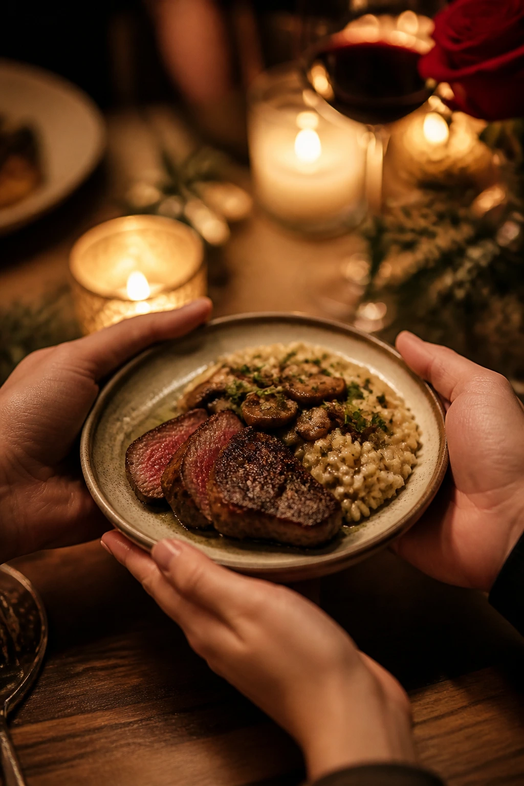 Close-up of two hands holding a shared plate on a warm dining table with candlelight