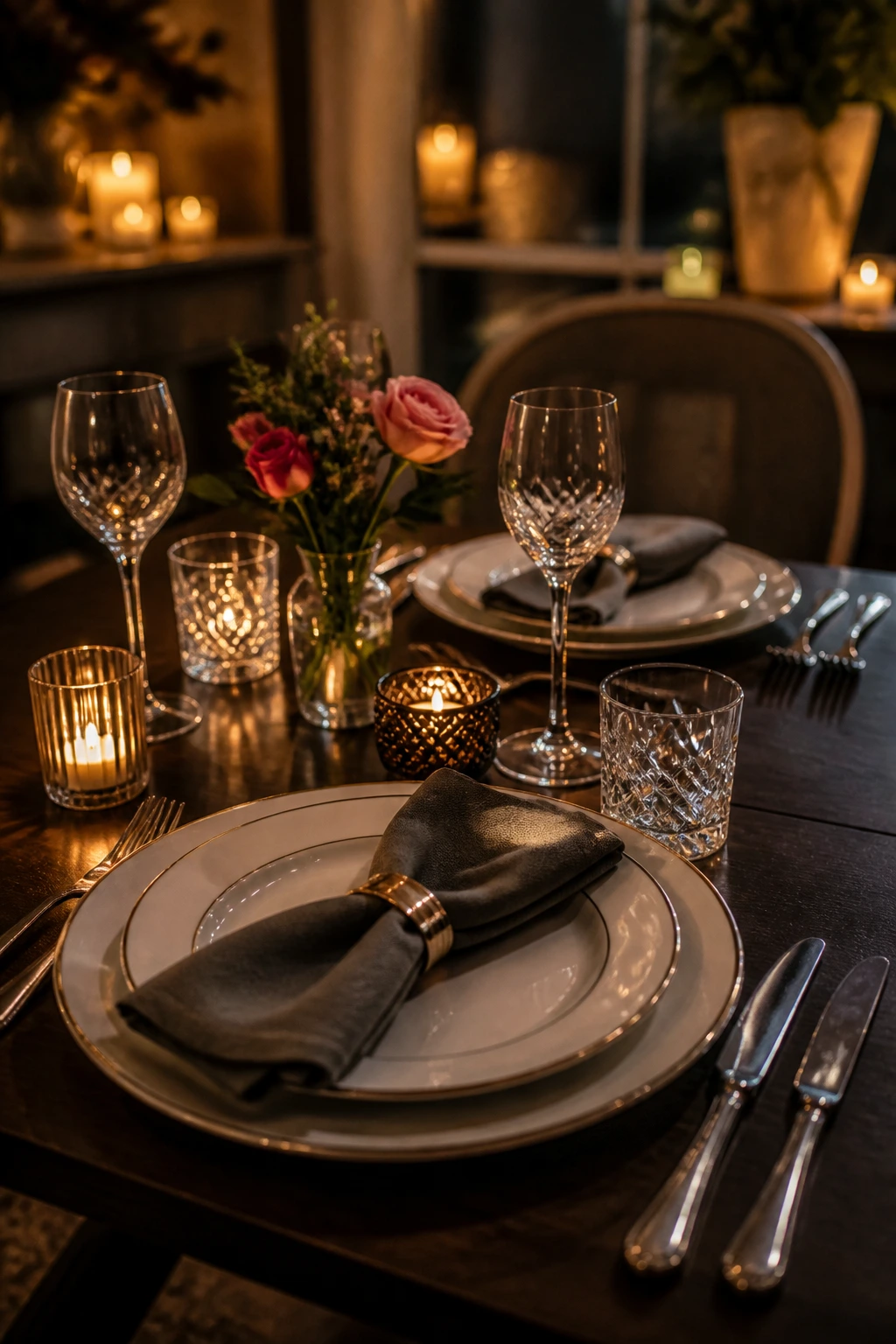 Romantic two-person table setting with plates, silverware, and candlelight.