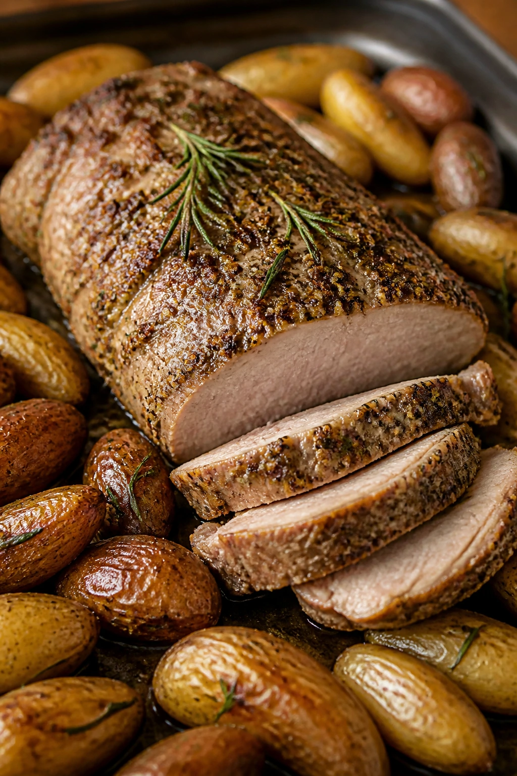 Rosemary Dijon pork tenderloin with fingerling potatoes on plate