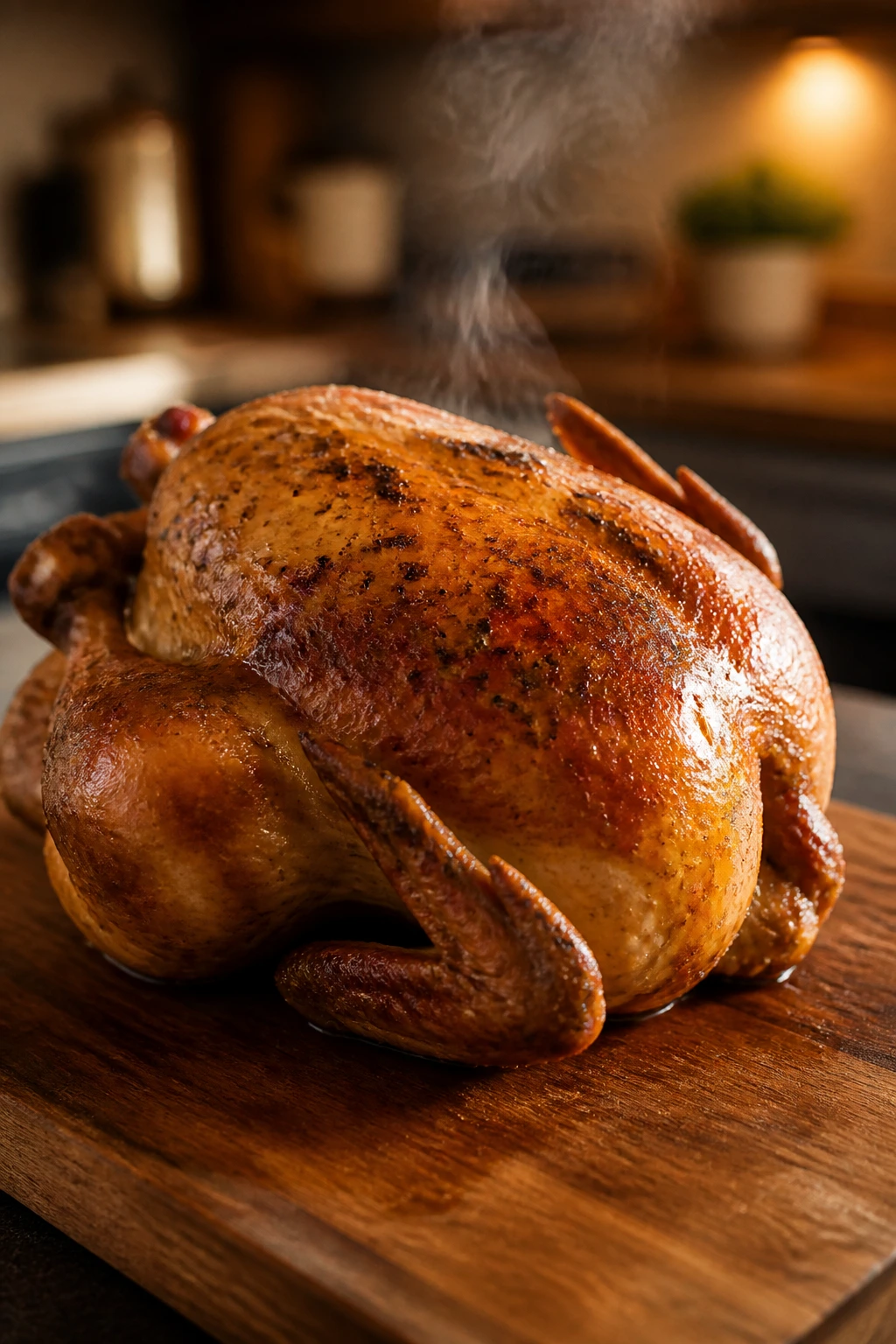 Close-up of a juicy rotisserie chicken with crispy skin on a cutting board.