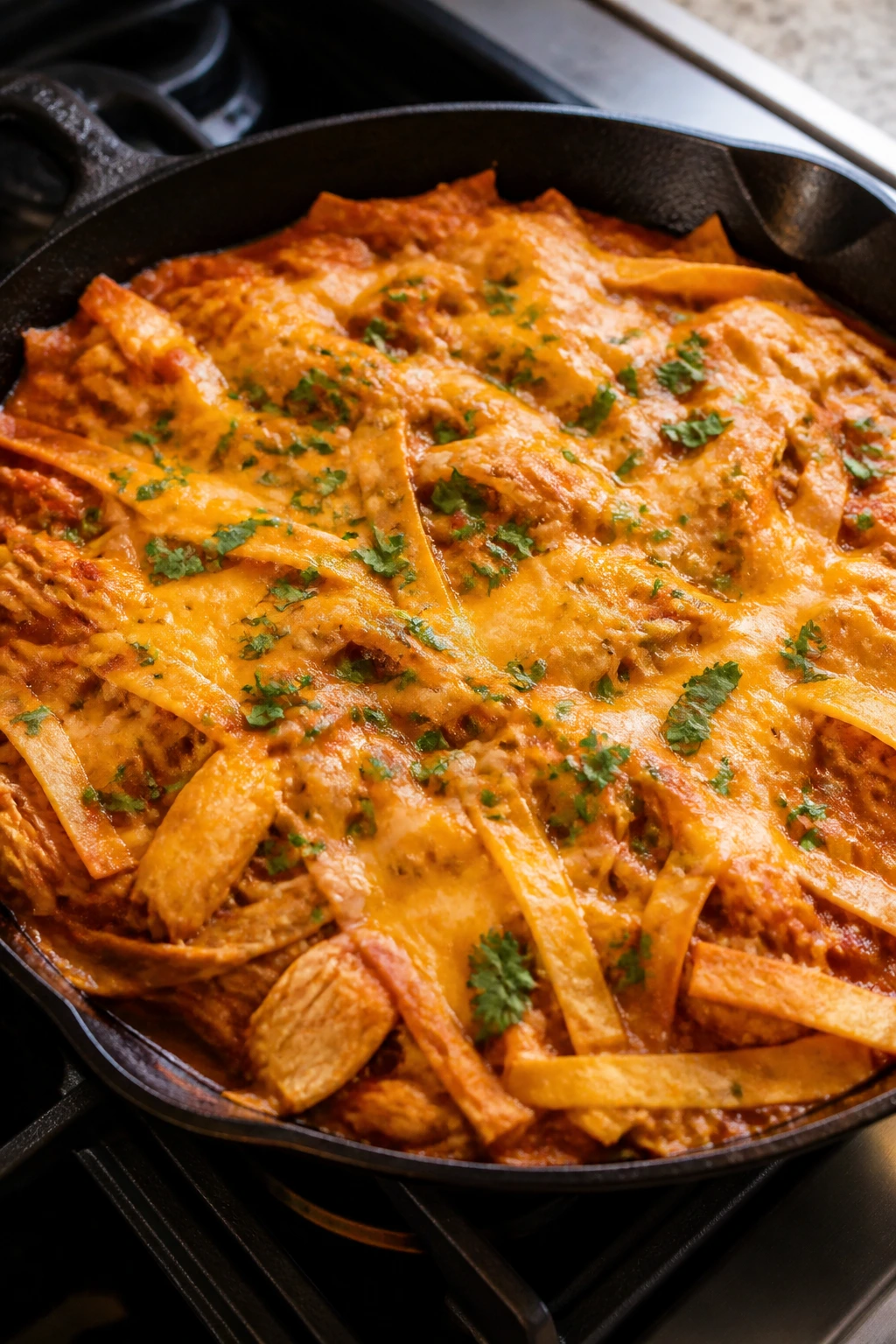 Close-up of shredded rotisserie chicken in enchilada skillet with sauce and melted cheese