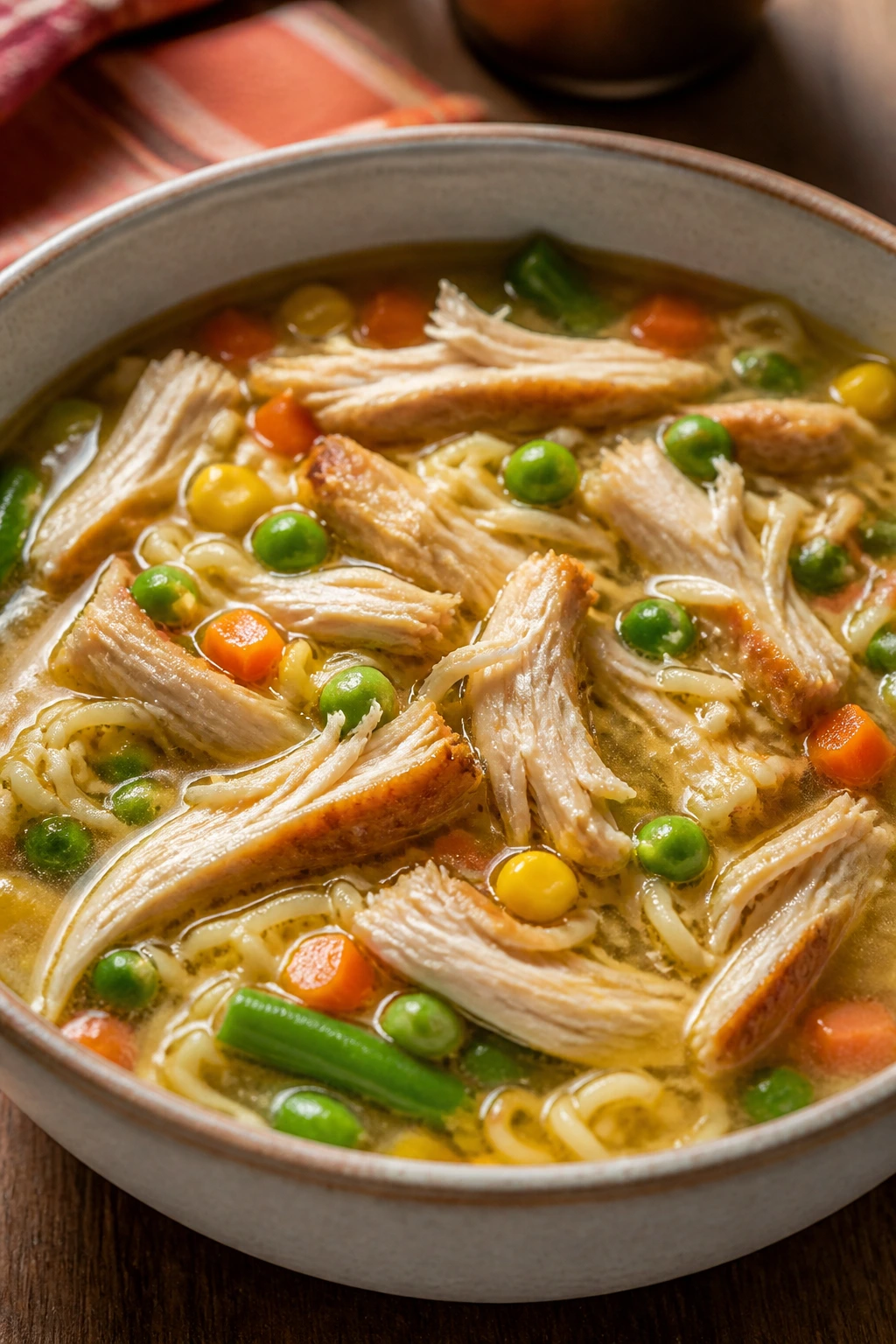 Ramen bowl with rotisserie chicken and frozen veggies
