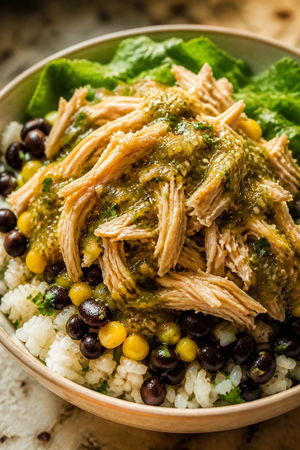 Close-up of rotisserie chicken salsa verde burrito bowl with rice and beans
