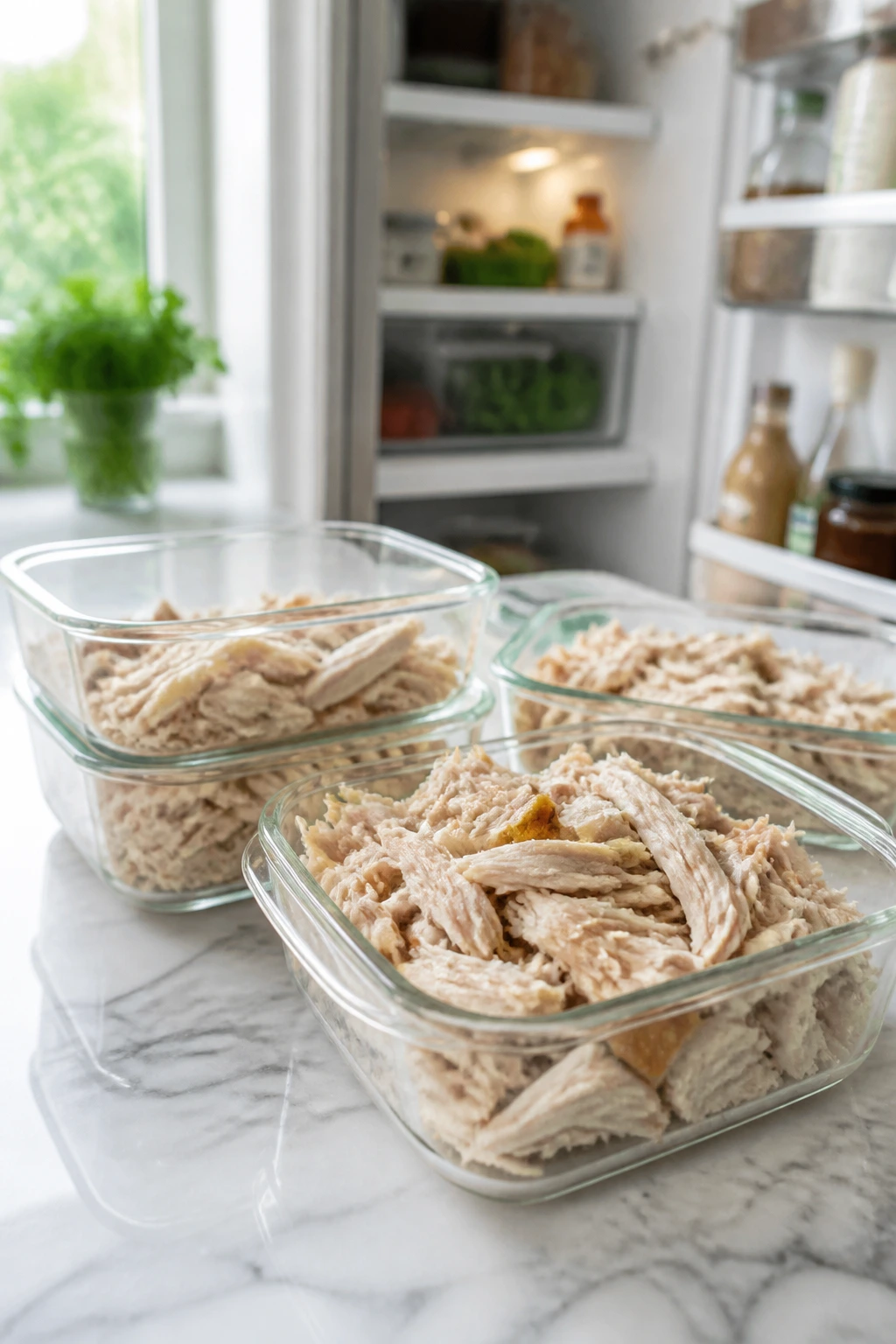 Glass storage containers with shredded rotisserie chicken on a kitchen counter
