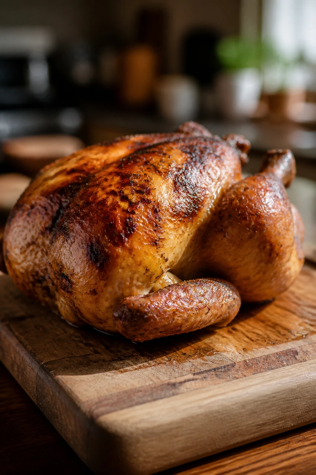 Close-up of a roasted rotisserie chicken on a cutting board in a warm kitchen