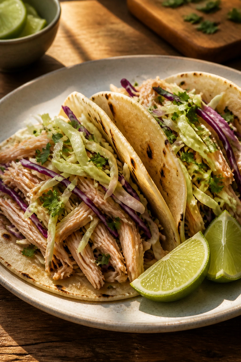 Close-up of rotisserie chicken tacos with cabbage on a wooden board